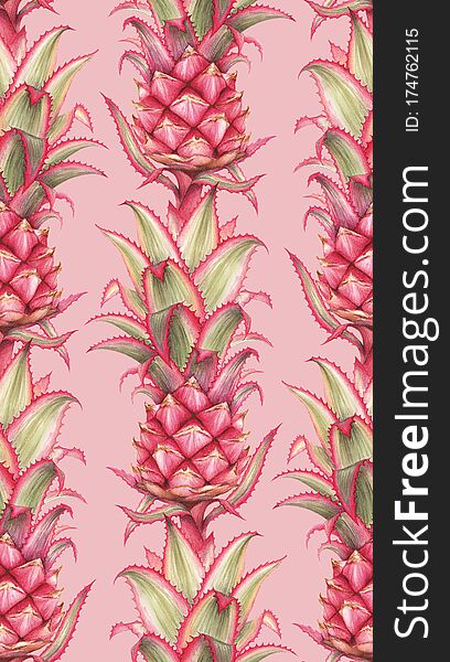 Red Pineapple Seamless Pattern. Juicy Tropical Fruit Watercolor Background