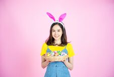 Asian Woman Wear Bunny Ear Hold Easter Eggs Basket Royalty Free Stock Photo