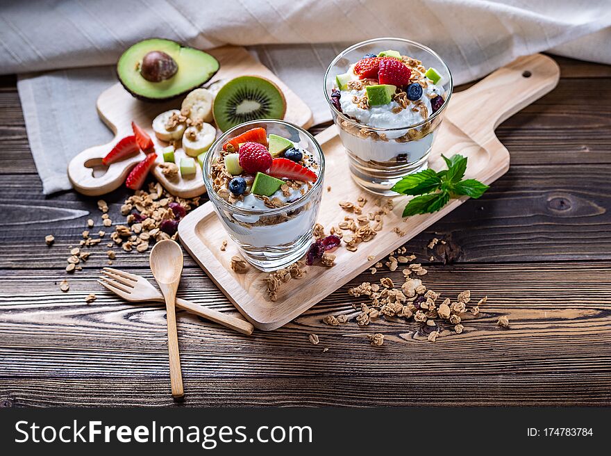 Greek Yogurt Homemade With Berries, Avocado, Banana And Granora.