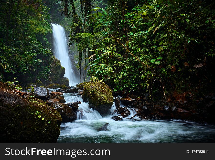 Big waterfall in tropical forest. La Paz Waterfall garden, beautiful tourist place in Costa Rica