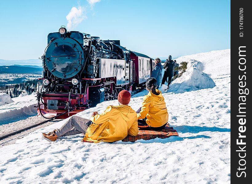 Winterland Harz national park Germany, historic steam train in the winter, Drei Annen Hohe, Germany,Steam locomotive of the Harzer Schmallspurbahnen in wintertime with snow.