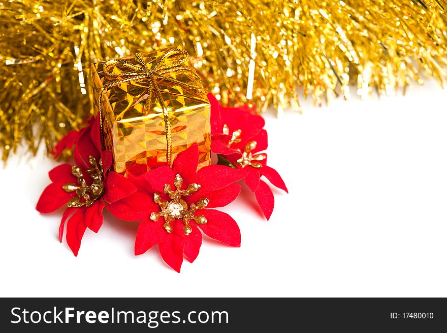 Christmas gift boxes with red poinsettia