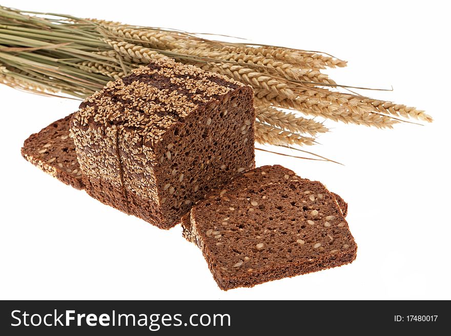 Grain bread and cereals, healthy food against white background