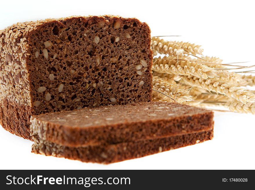 Grain bread and cereals, healthy food against white background