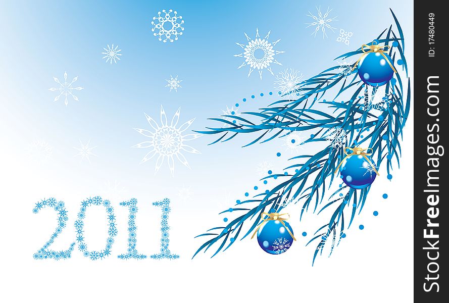 Blue balls with bows and snowflakes on the Christmas tree. Holiday banner. Illustration. Blue balls with bows and snowflakes on the Christmas tree. Holiday banner. Illustration