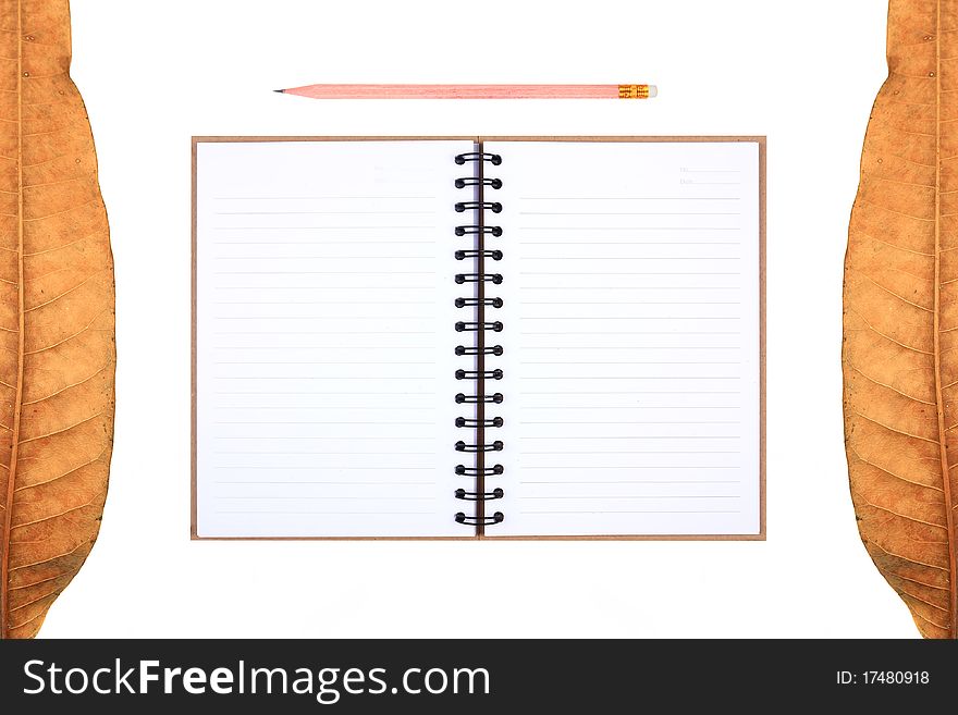 Autumn leaves frame & recycle notebook with pencil on white background isolated