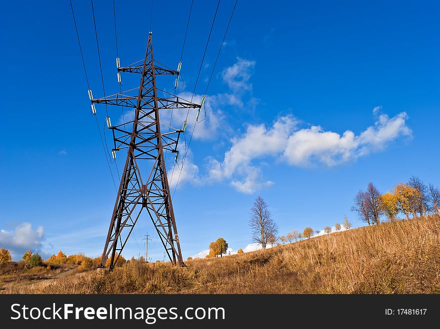 Reliance power lines is on the field in autumn. Reliance power lines is on the field in autumn.