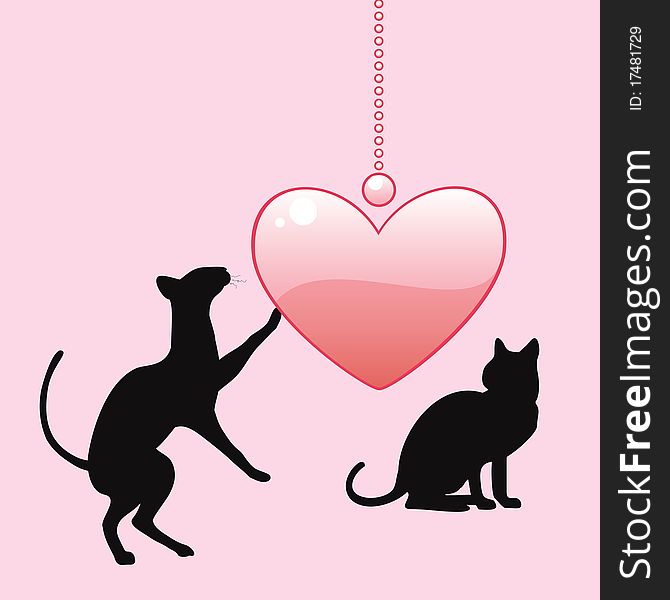 Black cats: silhouettes, pink heart. Black cats: silhouettes, pink heart