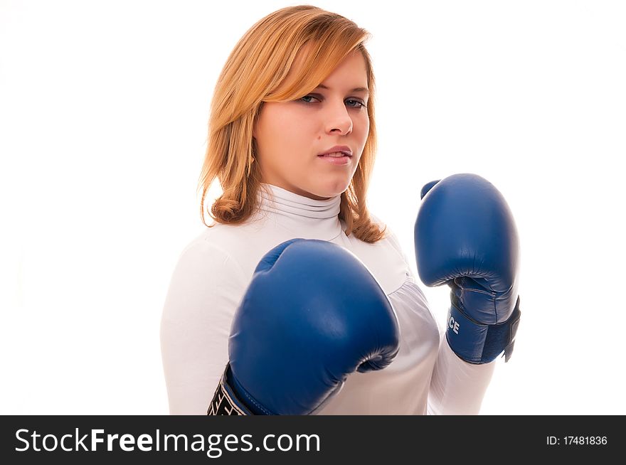 Businesswoman in boxing gloves ready to business fight. Businesswoman in boxing gloves ready to business fight