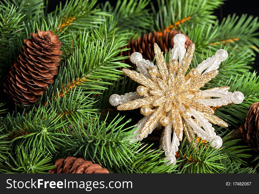 Branch of Christmas tree with snowflake