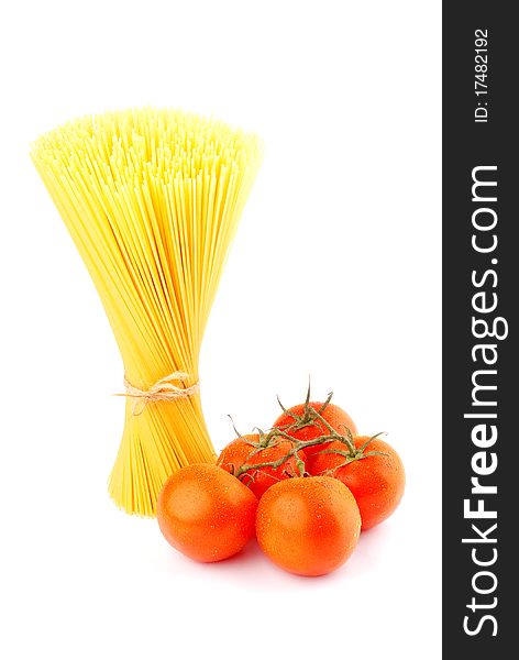 Pasta and covered with dew, tomatoes isolated on white background