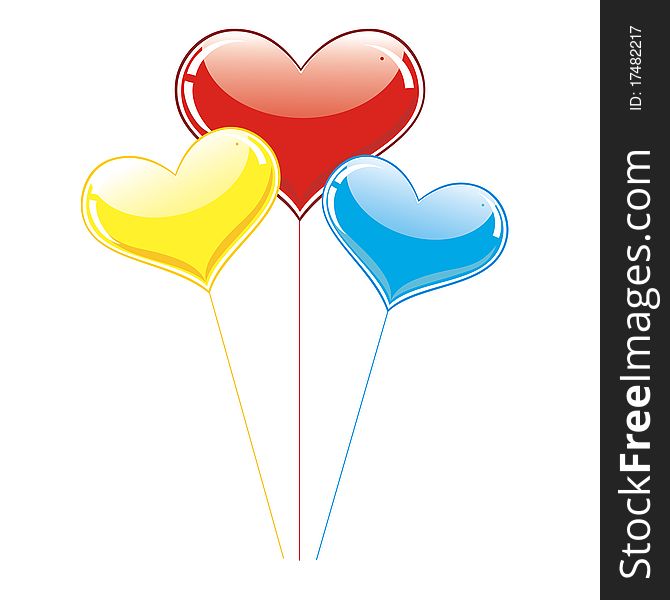 Three balloons in the form of hearts: isolated. Three balloons in the form of hearts: isolated