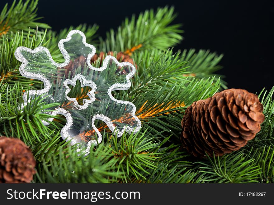 Branch of Christmas tree with snowflake
