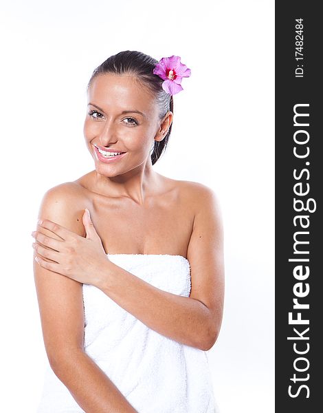 Portrait of Fresh and Beautiful woman in white towel. Portrait of Fresh and Beautiful woman in white towel