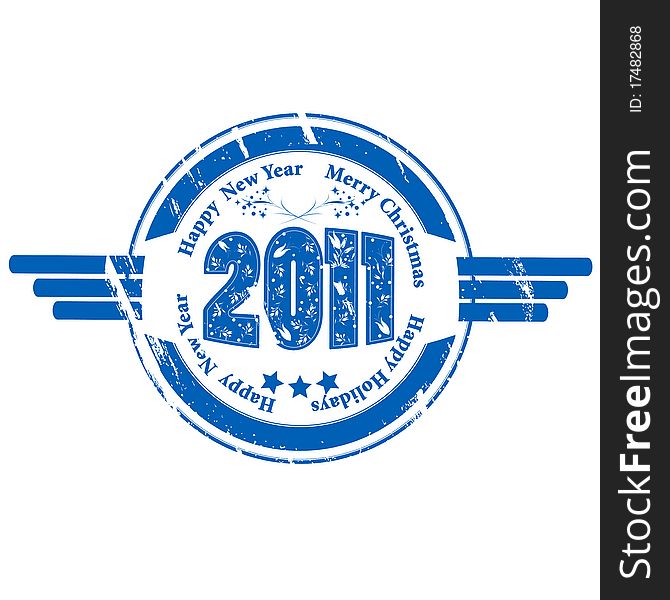 Blue ink rubber stamp with New Year 2011 symbol