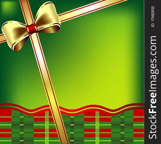 Gold bow on green background. Christmas card.