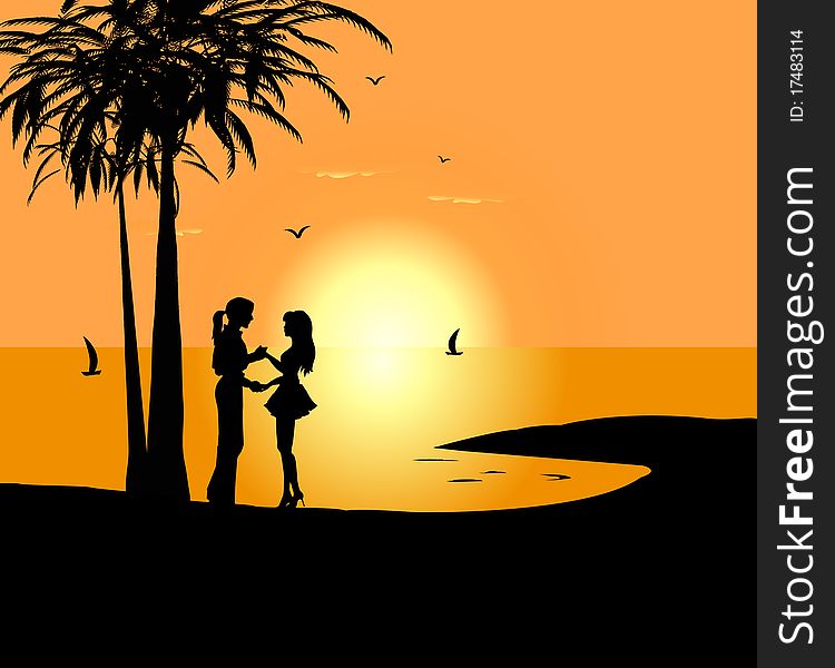 Fine evening on a southern beach for a loving couple. Fine evening on a southern beach for a loving couple