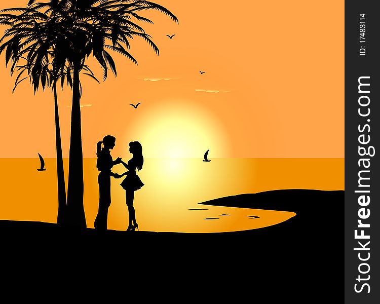 Dancing couple against a sunrise and the sea