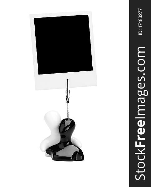 Photography holder with polaroid card isolated on a white background.