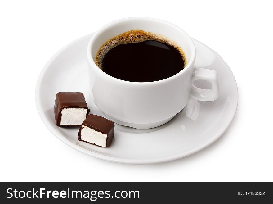 Coffee cup with chocolate candy. Coffee cup with chocolate candy