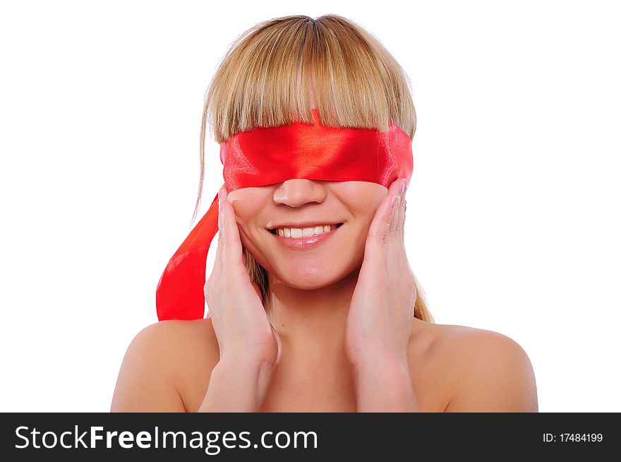 Charming portrait of a young girl with red blindfolded