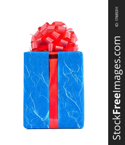 Bule gift and red bow on white background