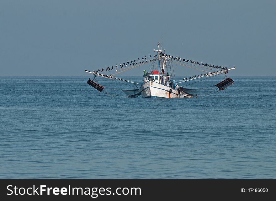 Fishing boat on the Pacific Ocean decorated with birds. Fishing boat on the Pacific Ocean decorated with birds