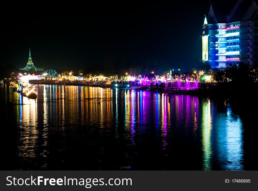 Night scene at Bangpakong river, Chachoengsao province, Thailand.