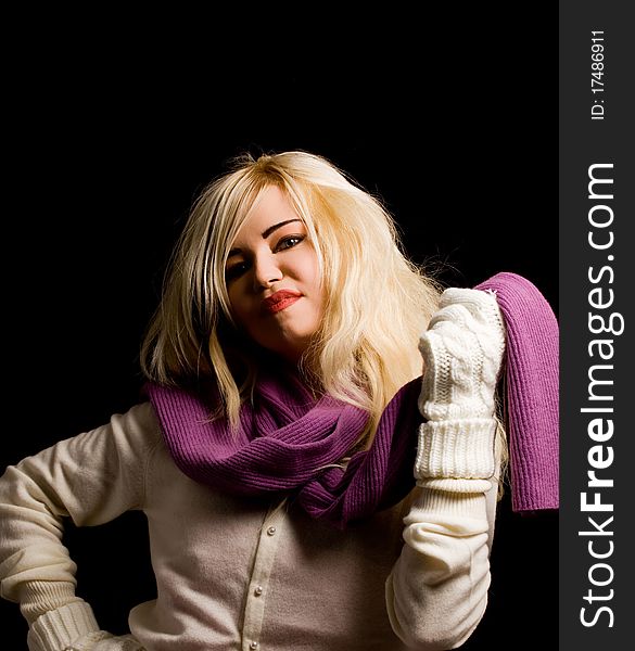Photo of blond smiling woman with violet scarf