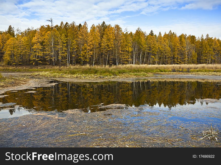 Autumn landscape. Lake in forest with reflection of clouds. Autumn landscape. Lake in forest with reflection of clouds.
