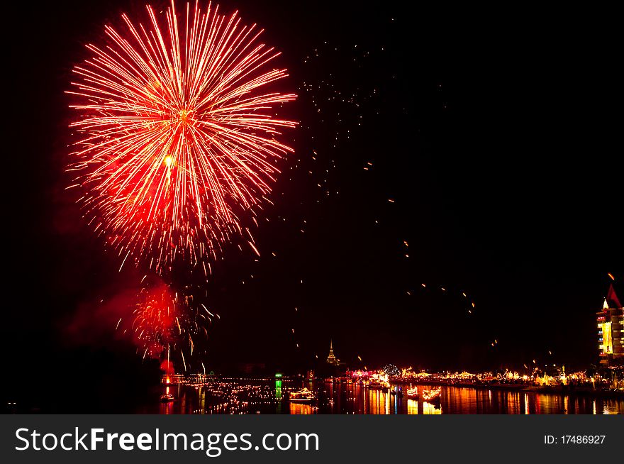 Colorful Fireworks In Night At Bangpakong River