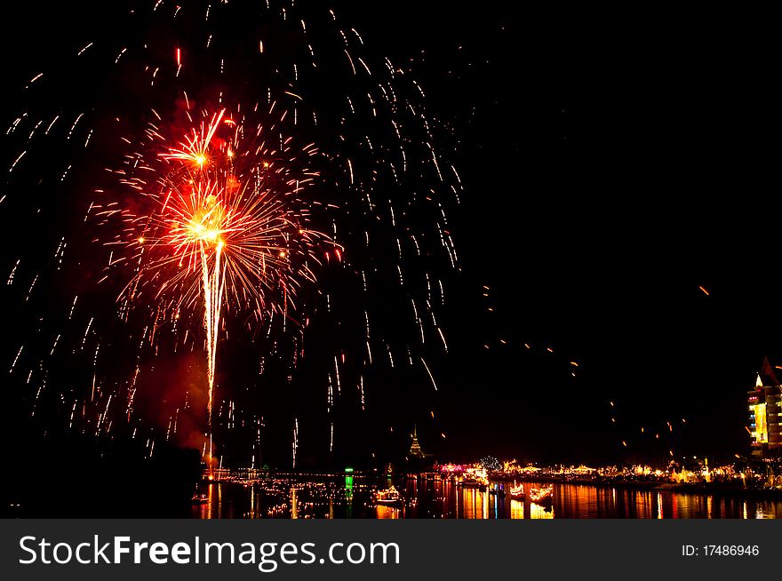 Colorful Fireworks In Night At Bangpakong River