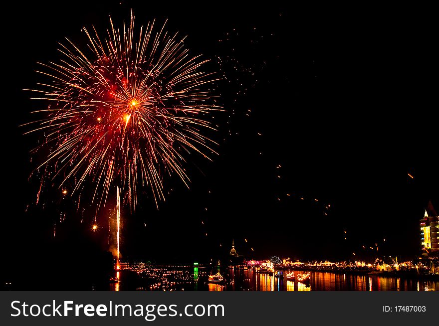 Colorful Fireworks in night at Bangpakong river, Chachoengsao province, Thailand.