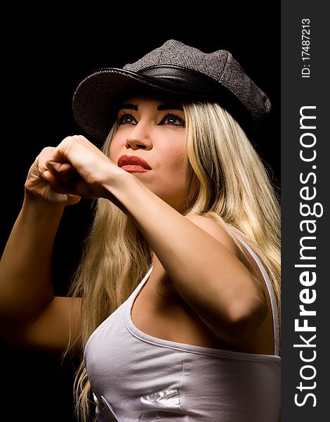 Photo of woman posing on black background. Photo of woman posing on black background