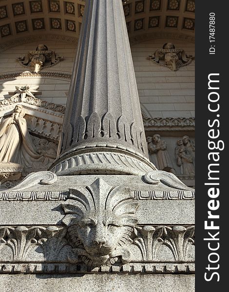 Details of elaborate and decorative architecture at the Basilica of Notre-Dame de Fourviere in Lyon, France. Details of elaborate and decorative architecture at the Basilica of Notre-Dame de Fourviere in Lyon, France