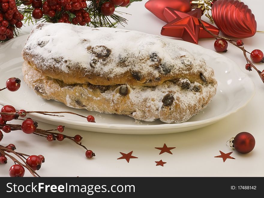 Traditional Christmas stollen filled with raisins. Traditional Christmas stollen filled with raisins.