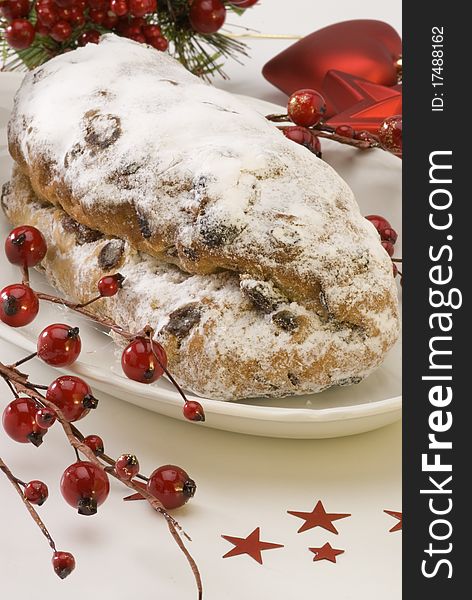 Traditional Christmas stollen filled with raisins. Traditional Christmas stollen filled with raisins.