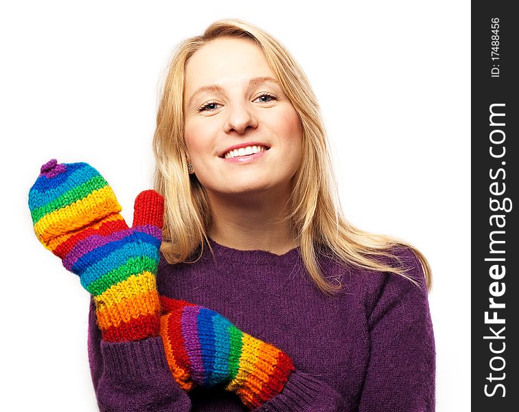Beauty young woman blonde in colorful gloves