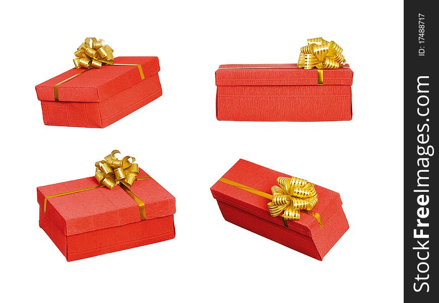 Red gift box with ribbon and bow on white background