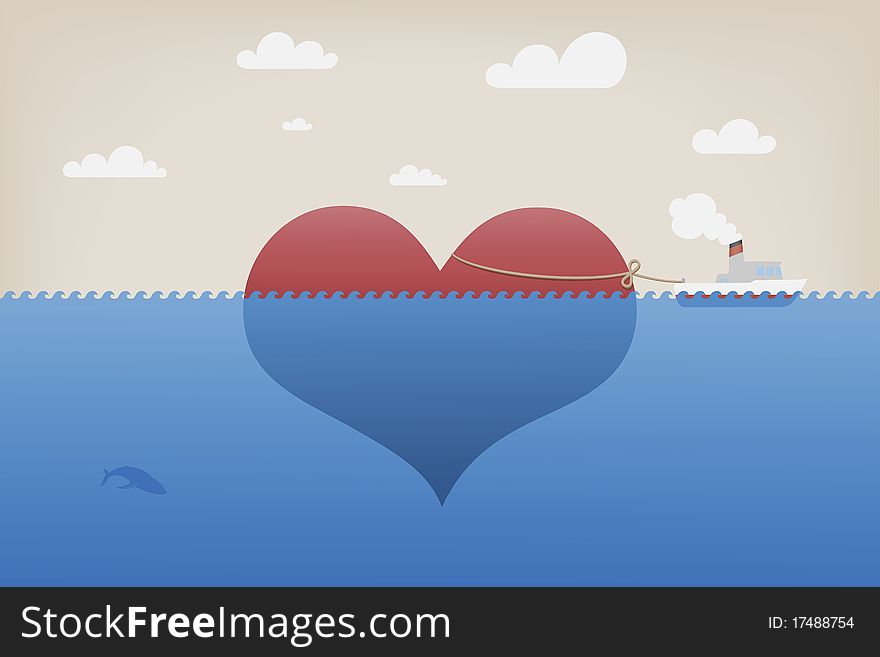 Valentine card. The big floating heart which tows a ship. Valentine card. The big floating heart which tows a ship.