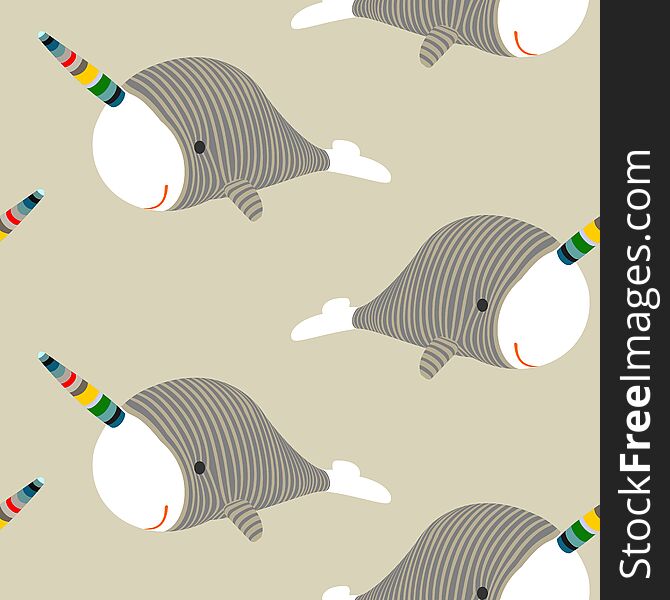 Seamless Pattern With Narwhal Rainbow Unicorn Whale - Vector