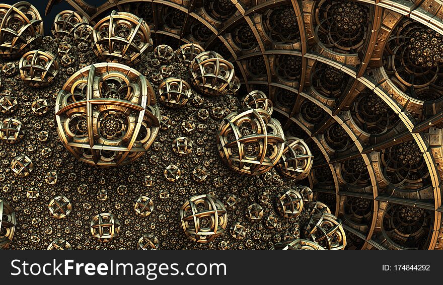 Abstract background 3D, fantastic ancient civilization architecture, gold render illustration