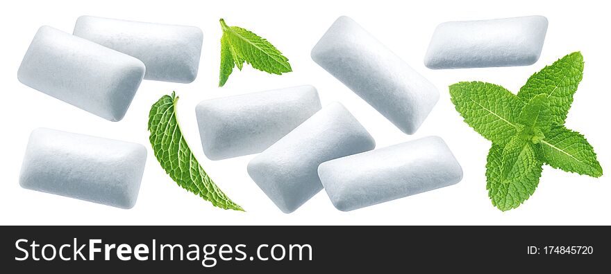 Chewing Gum Pads With Mint Leaves Isolated On White Background