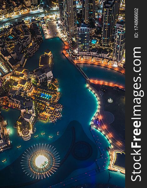 Dubai night view seen from the observation deck of Burj Khalifa. Shooting location :  Dubai