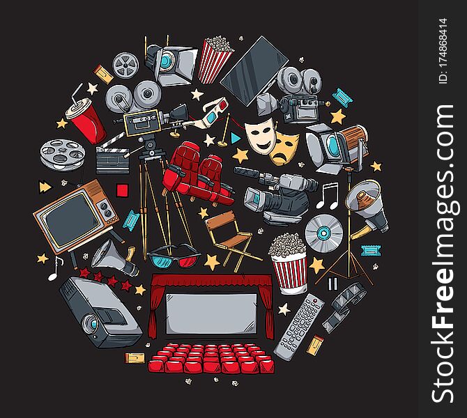 Hand Drawn Vector Illustrations - Cinema Collection. Movie And Film Elements In Sketch Style.