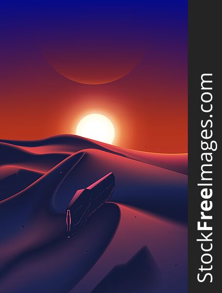 An imaginary sci-fi illustration of the spaceship fleet is flying over the desert, which has the beautiful sunset on the horizon. An imaginary sci-fi illustration of the spaceship fleet is flying over the desert, which has the beautiful sunset on the horizon