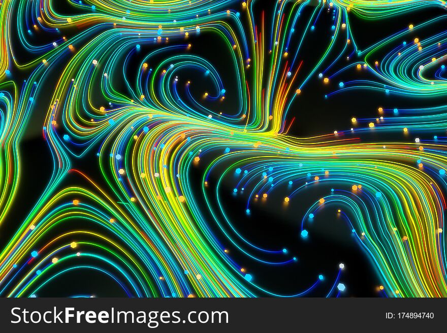Neon glowing twisted cosmic lines on the glossy surface. Turbulence curls flow colorful motion. Fluid and smooth astronomy vortex swirl structure. 3d rendering Abstract creative modern background.