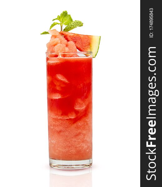 Watermelon smoothie garnished with watermelon slices and mint leaves isolated on n white background clipping path. Watermelon smoothie garnished with watermelon slices and mint leaves isolated on n white background clipping path