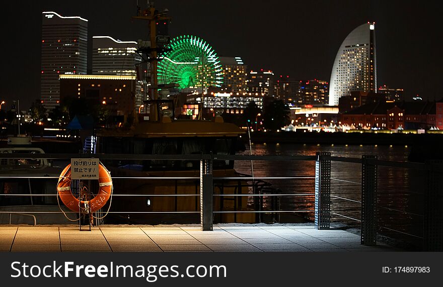 Night view of illuminations and the ring buoy of the harbor city. Night view of illuminations and the ring buoy of the harbor city