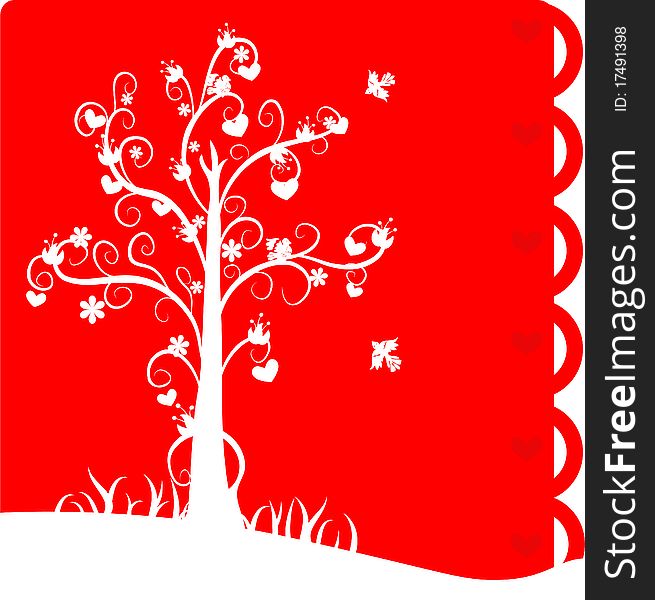Red lovely card with valentine tree and flowers and birds. Red lovely card with valentine tree and flowers and birds